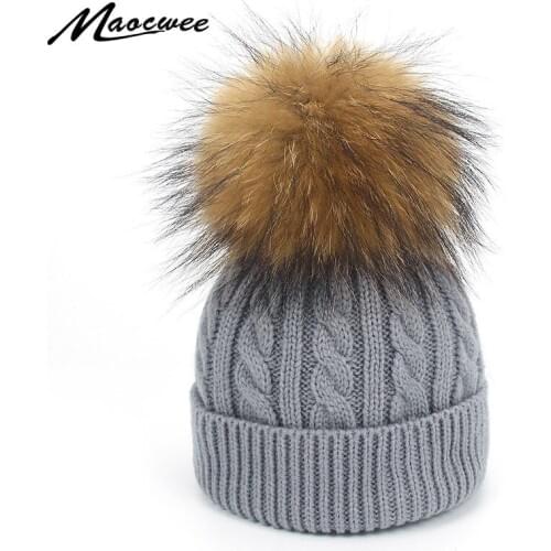 Brand Skullies Beanies For Kids Real Fur Ball Cap Winter Hats Children Kids Boys Girls Pompom Hat Winter Pom Poms Beanie Hats