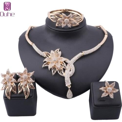 Dubai Crystal Flower Gold Color Jewelry Set Women Earrings Necklace Bracelet Ring Sets For Italian Wedding Party Gift