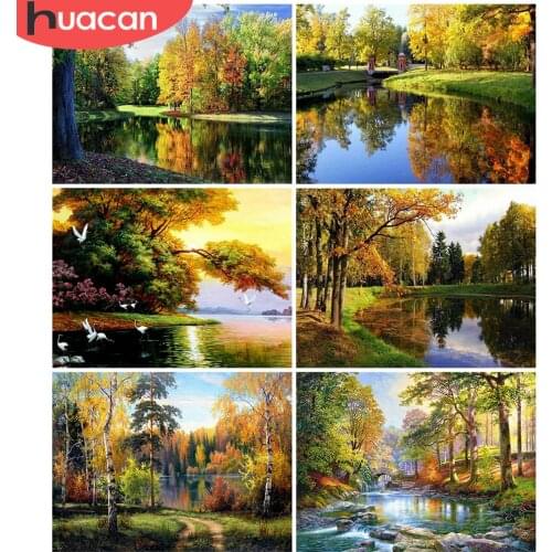 HUACAN 5D Diamond Painting Tree Full Drill Square Cross Stitch Diamond Embroidery Landscape Mosaic Lake Rhinestone Kit Wall Art