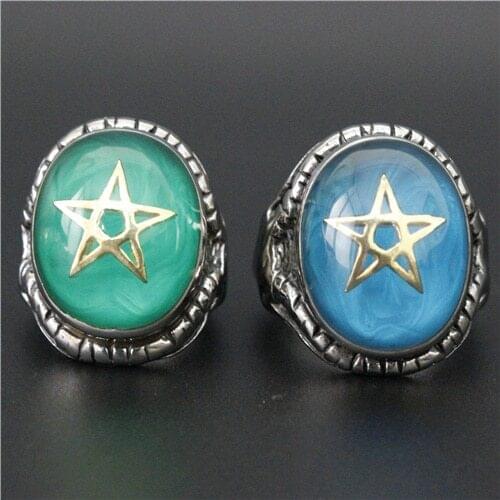 Top Quality Royal Green Blue Stone Ring 316L Stainless Steel Cool Man Hot Popular Band Party Ring Golden Five-Pointed Star Ring