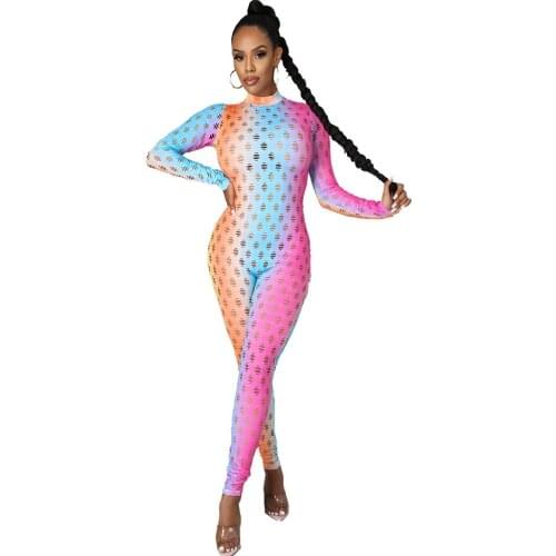 Sexy Outfits Jumpsuits for Woman Night Club Hollow Out Jumpsuit Sexy Clubwear O Collar Long Sleeve Sexy Rompers Jumpsuit Bodycon