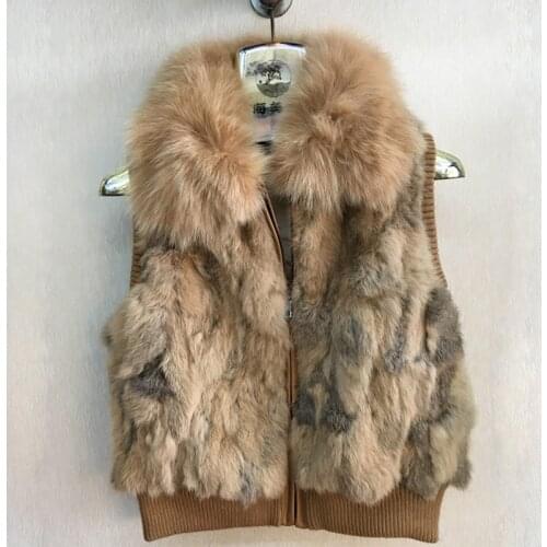 Woman Fashion Real Rabbit Fur Vest With Fox Fur Collar Fur Gilet High Quality Genunie Fur Waistcoat B747-021