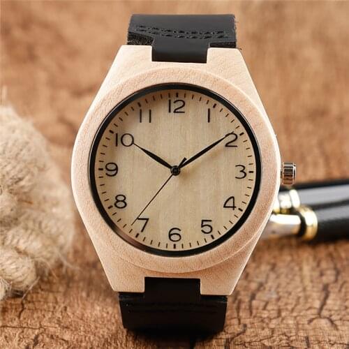 Simple Style Nature Maple Wood Clock Mens Bamboo Watch Quartz Analog Arabic Numeral Display Soft Leather Strap Timepiece Reloj