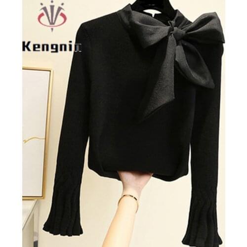 New 2021 Autumn Winter Womens Sweaters Big Bow Ladies Pullovers Knitted One Size Female Tops Flare Long Sleeve Sweater KE1768