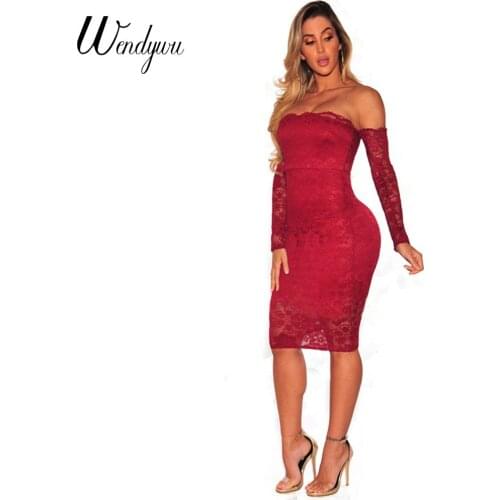 Wendywu Novelty Fashion Sexy Strapless Long Sleeve Club Red Lace Knee-Length Pencil Dress