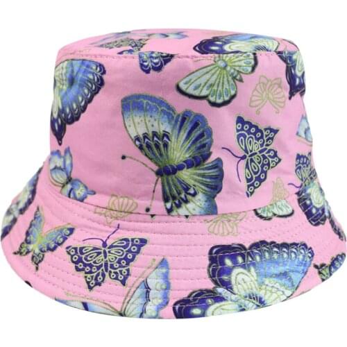 New Fashion Pink Butterfly Print Bucket Hats Women Sun Caps Fisherman