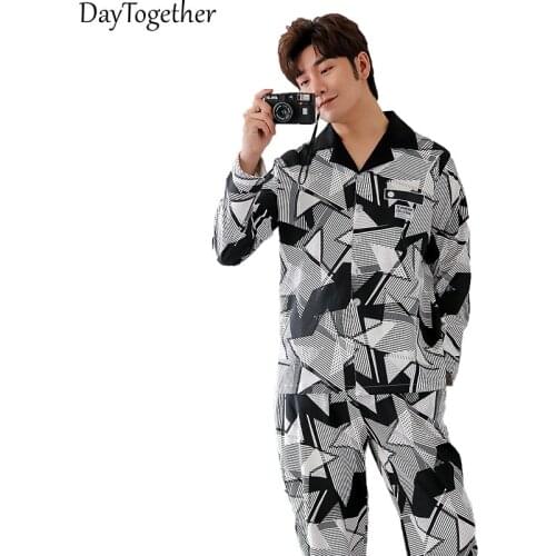 Long Sleeve Pajamas Male Print Cotton Homewear Lounge Clothes Loose Trousers Suits Pyjamas Men