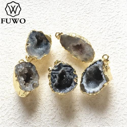 FUWO Natural Black Geode Agates Pendant With Gold Trimmed Irregular Crystal Quartz Pendant For Necklace Making PD261