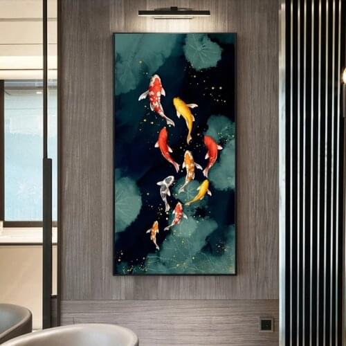 RELIABLI ART Koi Fish Feng Shui Carp Lotus Pond Pictures Canvas Painting Wall Art For Living Room Modern Home Decor NO FRAME