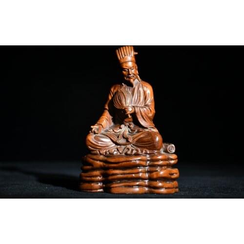 6" China Lucky Old Boxwood Hand-carved Western tripod Sitting Buddha Three-faced Buddha Ornaments Town House Exorcism