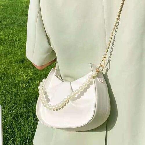 Retro Hobo Shoulder Bags For Women Baguette Pearl Chain Solid Color 2021 Autumn New Designer All-Match Cross-Body Bags Handbags