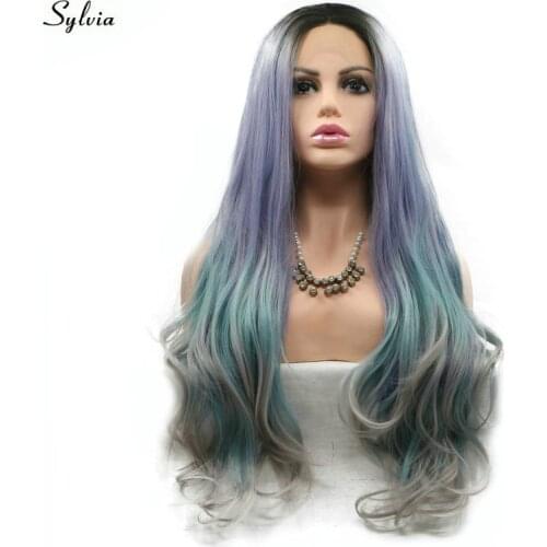 Sylvia Women Natural Wave Long Synthetic Hair High Temperature Fiber Short Dark Roots to Purple/Blue green/Gray Lace Front Wigs