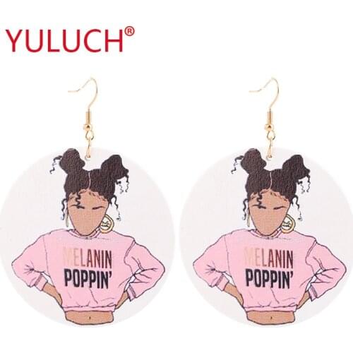 YULUCH Statement Earrings New Design Painted Printing Angry Girl Wooden Round Pendant Earrings Fashion Woman Jewelry Gift