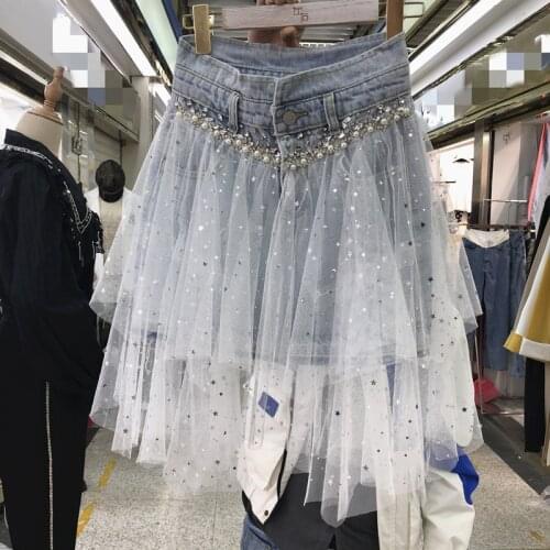 Beading Women Denim Mesh Patchwork Lace Skirt High Waist A Line Asymmetric Frill Tulle Gothic Chic Skirts