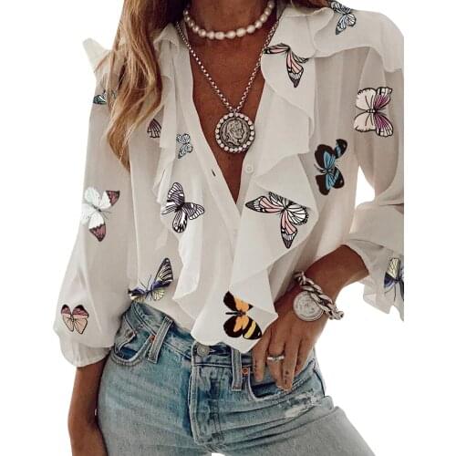 Women Button-down Ruffle Shirt Adults Solid Color Letter Butterfly Plant Print V-neck Long Sleeve Blouse Summer Fall