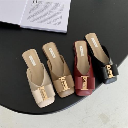 2021New Women Slippers Brand Designer Square Toe Slip On Mules Metal Buckle Summer Slides Thin Low Heel Ladies Sandal