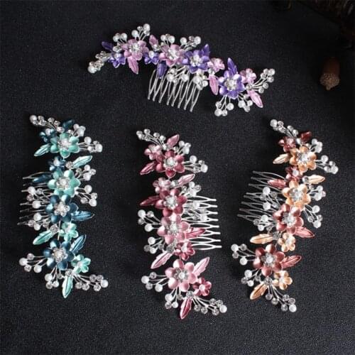 Flower Shape Hair Comb Pearl Hairpins Wedding Tiaras Rhinestone Hair Clips Elegant Headdress Alloy Headwear for Women Bride