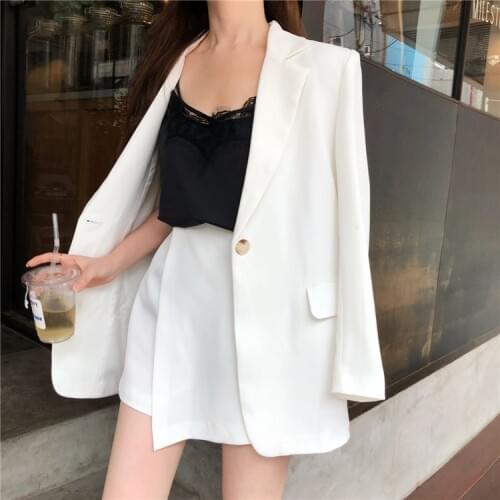 2019 Brand New Women Fashion Coat Autumn Outfit Notched Collar Single Button Casual White Blazer Streetwear Female Long Blazer