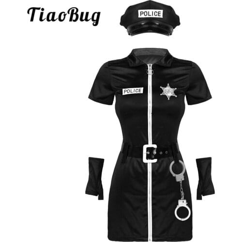 Women Halloween Police Officer Cosplay Sexy Costume Roleplay Cop Uniform Bodycon Mini Dress with Hat Badge Belt Gloves and Cuffs