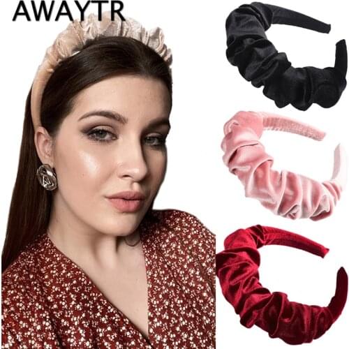 AWAYTR Velvet Padded Pleated Hairband for Women Fashion Scrunchy Headband Retro Solid Color Hair Hoop Female Hair Accessories