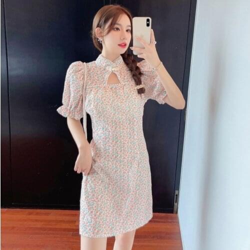 Summer Dress Retro Elegant Women Floral Print Floral Mini cheongsam Dress Elegant Puff Sleeve Dresses Korean Vestidos