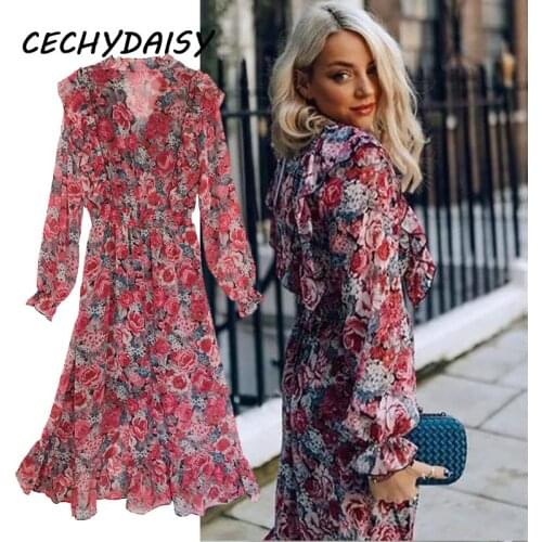 Summer Dress Women Sexy V-Neck Pink Floral Printed Ruffles Elegant Vacation Ladies Vintage Y2k Boho Midi Dresses Vestido Clothes