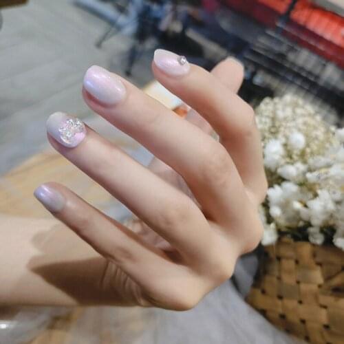 24pcs Grey Purple Nail Patch Round Head Glue Type Removable Short Paragraph Fashion Manicure Save Time False Nails Patch