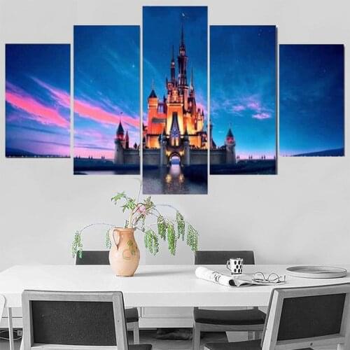 5 Pieces Wall Art Canvas Painting Magic Kingdom Castle Landscape Poster Kids Room Modern Home Decoration Modular Pictures