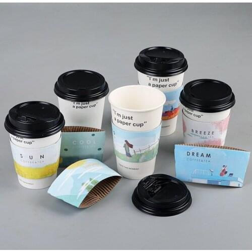 50pcs High quality creative disposable coffee cup milk tea chocolate cold hot drink paper cups wtih lid and kraft paper sleeve