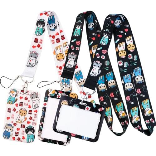 DZ1889 Cute Cat Doctor Nurse Keychain Ribbon Lanyards for Keys ID Card Cover Rope Lariat Medical Badge Holder Accessories Gifts