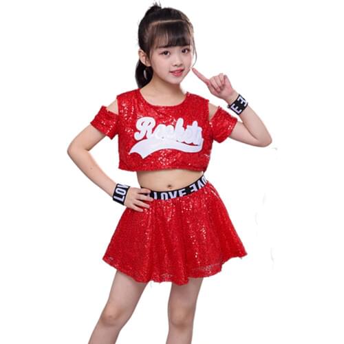 Kids Jazz Baby Girls Hip Hop Stage Performance Competition Dance Wear Costume 3 Color Sequin Sparkly 2 Pieces Crop Top Skirt Set