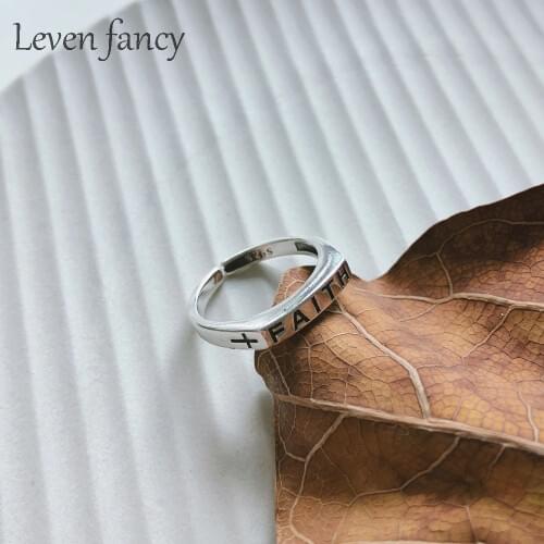 100% 925 Sterling Silver Symbol of Faith Initial Cross Rings for Women Luxury Fine Jewelry Antique Silver Vintage Open Ring