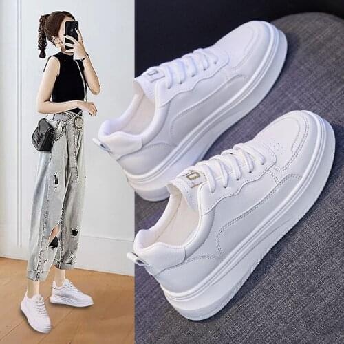 Lace-up White Shoes Women Flat Leather Shoes Female White Board Casual Shoes Women Sneakers