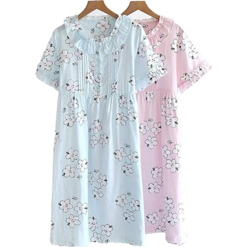 Summer Fall Short Sleeved Home Skirt Double-Layer Gauze Cotton Summer Can Be Worn Outside Night Skirt Girls Over-The-Knee Skirt