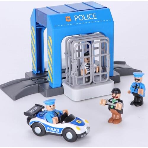 Simulation Police Station Compatible Brand Wooden Train Track Railway Toy Police Catch Thief Building Block Set Toys for Kids