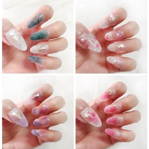 14Pcs/Set Nail Patch Applique 3D Nail Art Stickers New Design Glue False Nail Overhead with Glue Glitter Fake Tips Gel Store