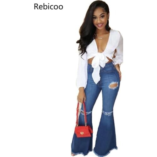 Sexy High Waist Skinny Flare Jeans Woman Distressed Plus Size Bell Bottom Blue Jeans Vintage Push Up Cut Out Bootcut Denim Jeans