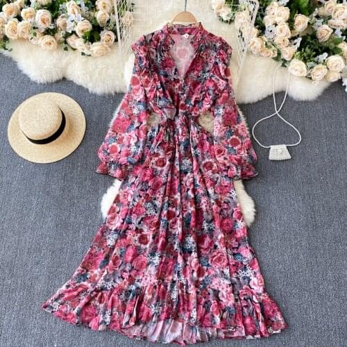 Womens Spring Summer Runway Fashion Long Sleeve Flower Print Dress Female High Waist ChicTravel Party Dress TB1968