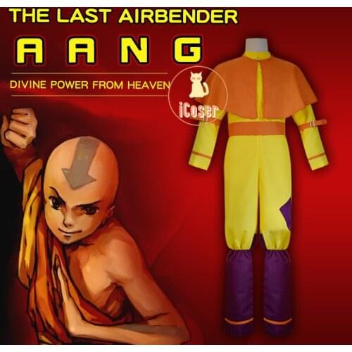 The Last Airbender Avatar Aang Cosplay Costume for Adult Halloween Suit Hanfu Carnival Wear Orange Top Pants Accessories Bat Toy