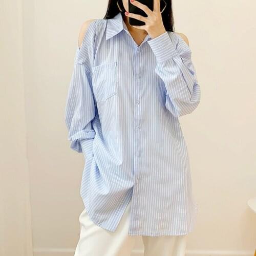 COIGARSAM Shirt Womens Tops Office Lady Striped Long Sleeve Straight Blue Women Shirts