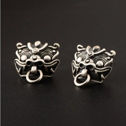 100% 925 Silver Lucky Beast Man Earrings Real Sterling Silver Mythical Beast Stud Earrings Hiphop PUNK Jewelry Man Earring