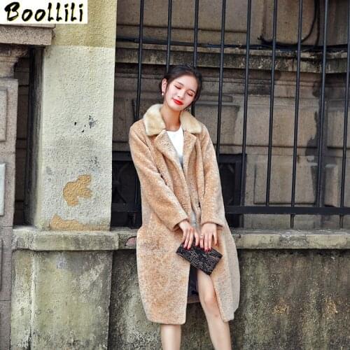 Boollili 2020 Women Real Fur Coat Natural Mink Fur Collar Winter Thick Warm Jacket Lamb Fur Coats Genuine Sheep Overcoat