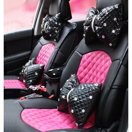 Cute Diamond Bowknot PU Leather Car Neck Pillow Waist Support Pillows Auto Headrest Crystal Rhinestone Car Accessories for Girls