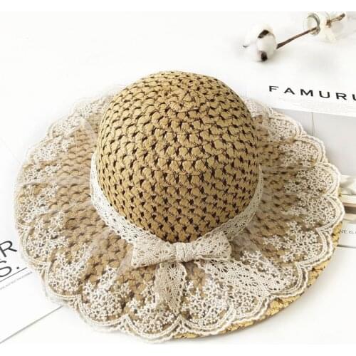 Parent-child Summer Womens Sun Hat Bucket cap beige lace Bowknot Flowers Ribbon Flat top Straw Hats Beach Caps Panama seaside