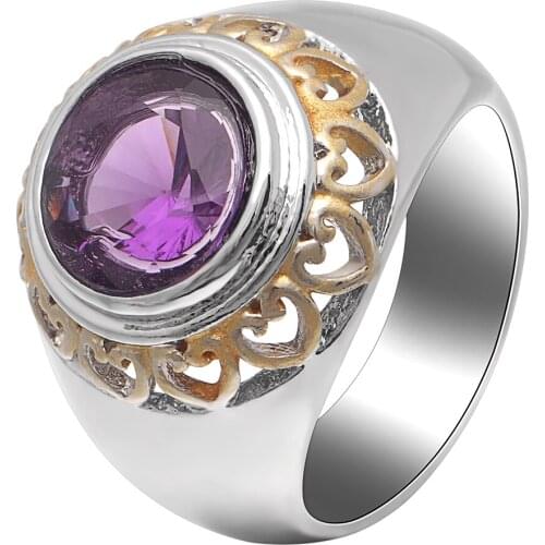 UFOORO Elegant Purple Round Zirconia Hollow Gold Heart Ring Female Silver Color Unique Womens Marriage Wedding Ring For Bridal