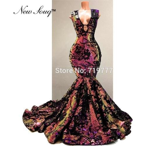 Newest 2019 Sequined Reflective Evening Dresses Deep V Neck Mermaid Party Dress African Prom Dresses Long Vestido De Festa Longo