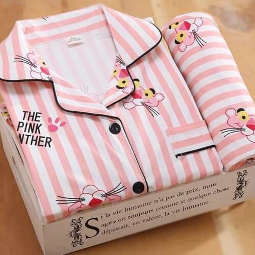 Womens Pajamas New Autumn Spring Long Sleeve Sleepwear Set Striped cartoon pyjama Woman Home Nightwear Set Cardigan Plus Size