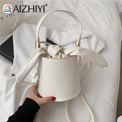 Fashion Women PU Leather Pure Color Cartoon Embossing Shoulder Crossbody Bucket Bag Casual Ladies Small Top-handle Handbags