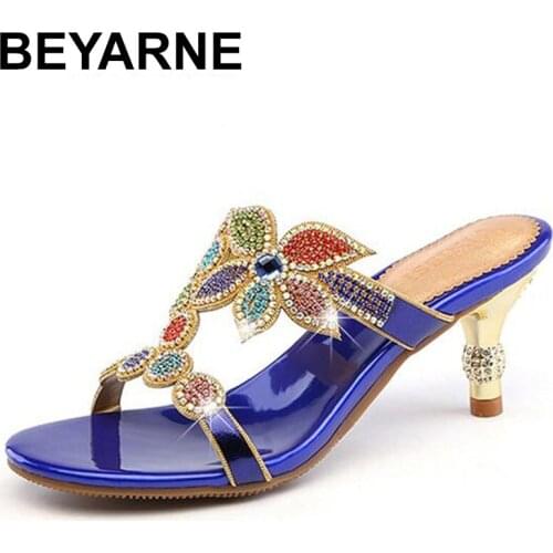 BEYARNE 2021 Summer Women Leather Slippers Open Toe Thick High Heels Sandals Fashion Comfortable Diamond Mules Shoes For Ladies