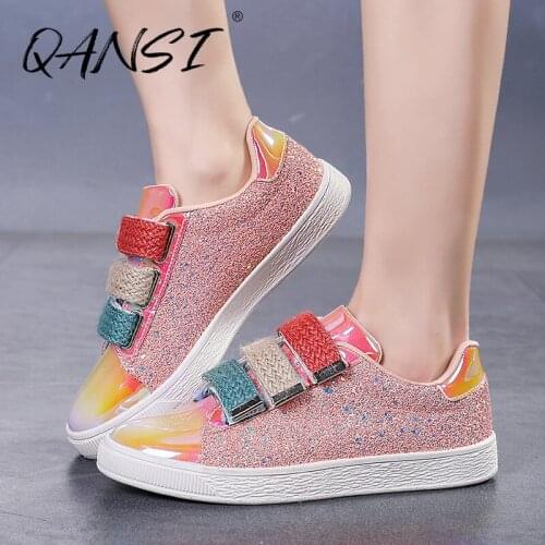 Fashion Color Sequins Flat Womens Vulcanize Shoes Casual Velcro Patent Leather Womens Sneakers Shiny Round Toe Casual Shoes